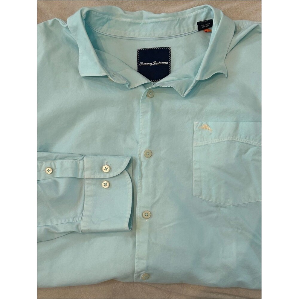 Tommy Bahama Mens XL Silk Cotton Long Sleeve Button Down Shirt Light Aqua Mint